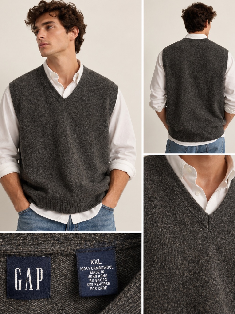 Vintage GAP Men’s XXL 100% Lambswool Sweater Vest Gray V Neck Preppy